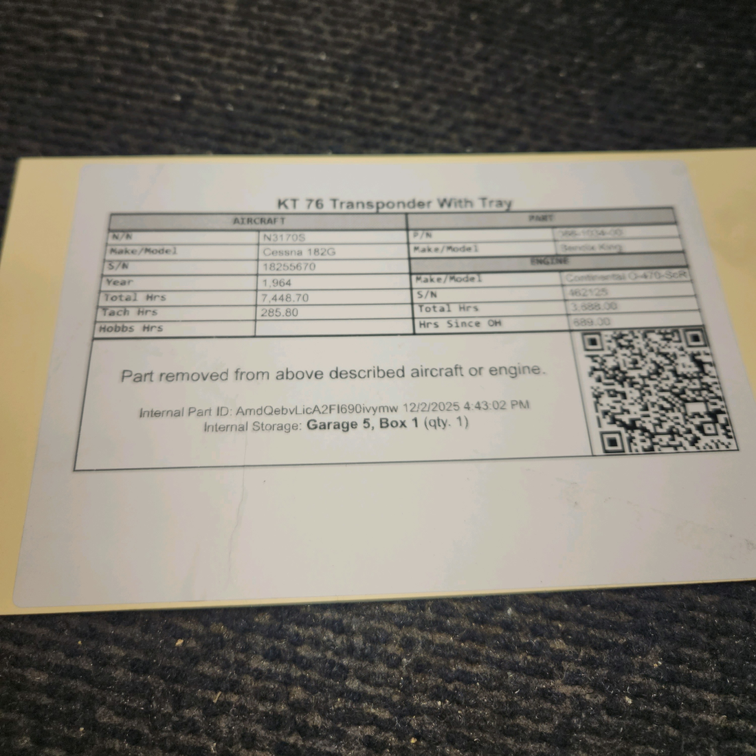 Used aircraft parts for sale, 066-1034-00 Bendix King KT-76 Cessna 182G Transponder With Tray