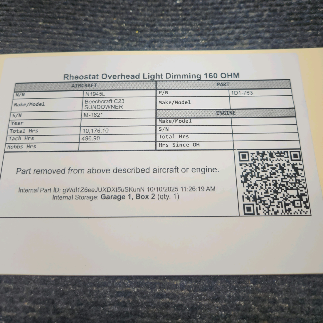 Used aircraft parts for sale, 1D1-763 Beechcraft C23 SUNDOWNER Overhead Light Dimmer Rheostat – 160 Ohm