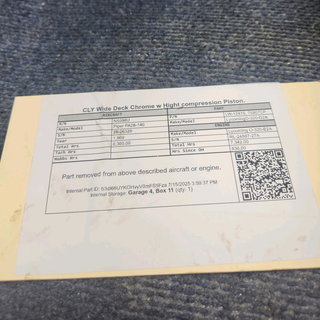 Used aircraft parts for sale, LW-12416 Lycoming O-320-D2A Piper PA28-140 Cylinder Wide Deck Chrome with High-Compression Piston