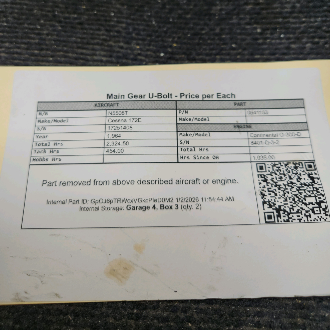 Used aircraft parts for sale, 0541153 Cessna 172E Main Gear U-Bolt - Price per Each