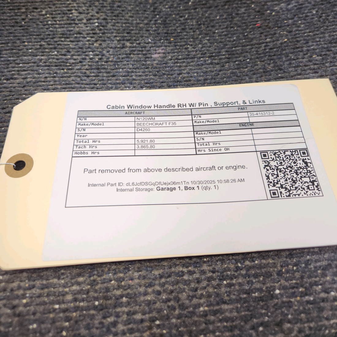 Used aircraft parts for sale, 35-415312-2 BEECHCRAFT F35 Cabin Window Handle W/ Pin , Support, & Links - RH