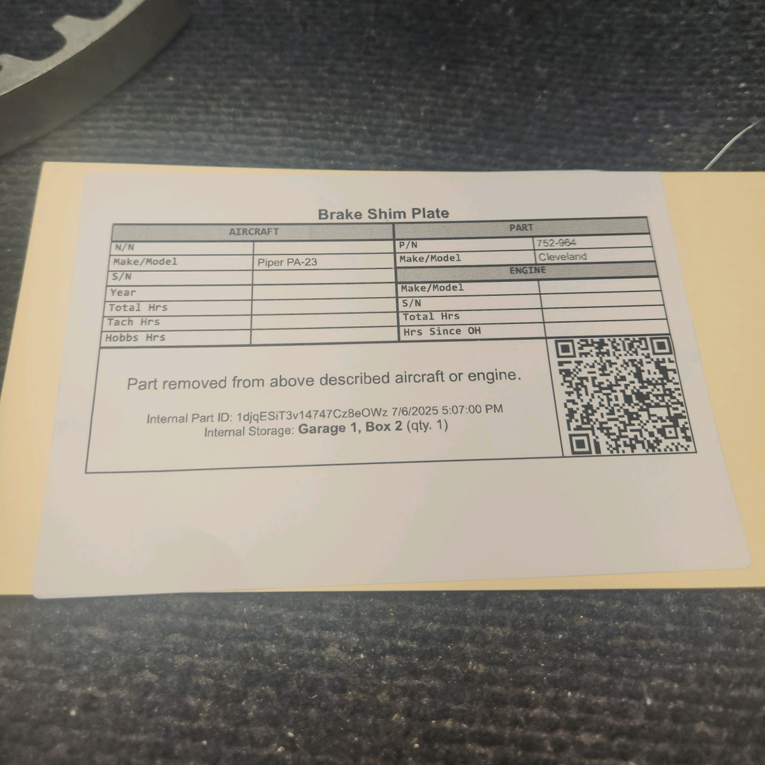 Used aircraft parts for sale, 752-964 Cleveland Piper PA-23 Brake Shim Plate