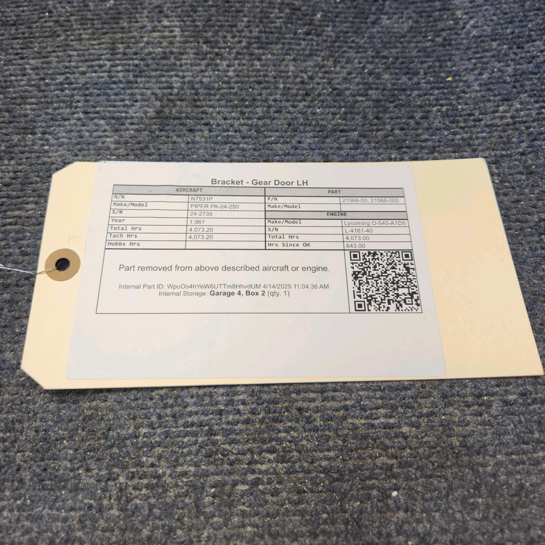 Used aircraft parts for sale, 21068-00 PIPER PA-24-250 Bracket - Gear Door LH
