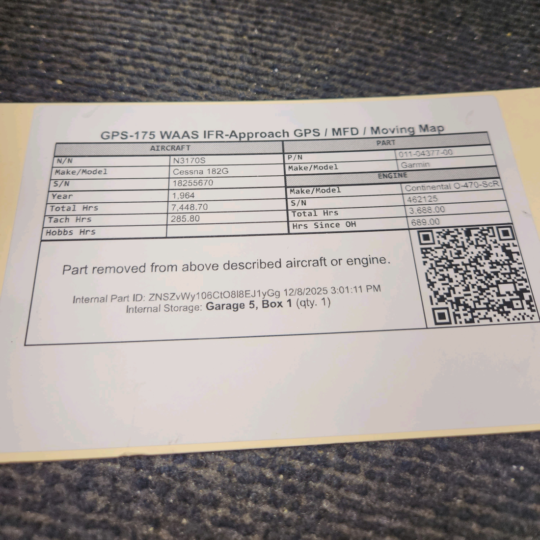 Used aircraft parts for sale, 011-04377-00 Garmin GPS-175 Cessna 182G WAAS IFR-Approach GPS / MFD / Moving Map