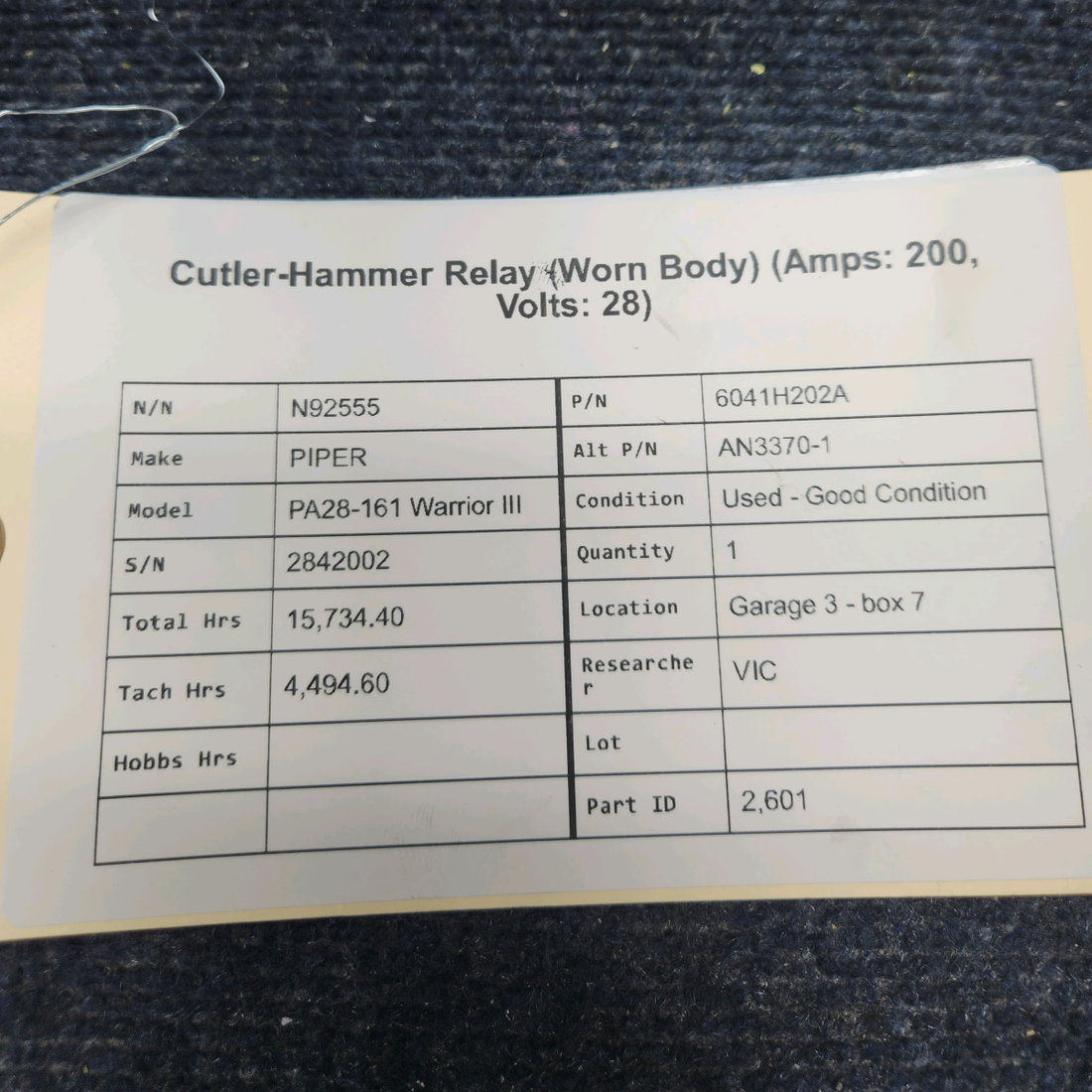 Used aircraft parts for sale, 6041H202A PIPER PA28-161 Warrior III CUTLER-HAMMER RELAY (WORN BODY) (AMPS: 200, VOLTS: 28)