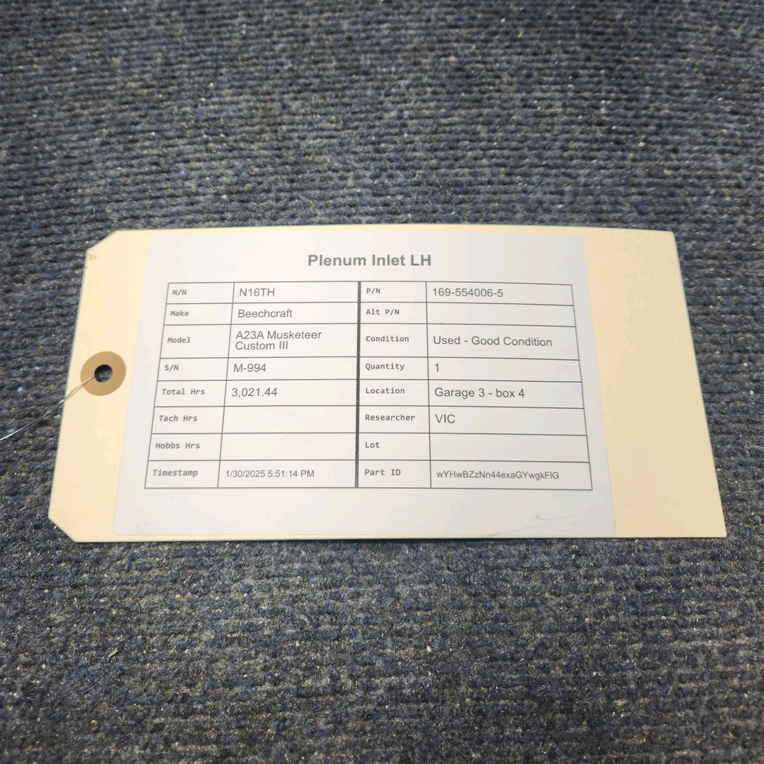 Used aircraft parts for sale, 169-554006-5 Beechcraft A23A Musketeer Custom III PLENUM INLET LH