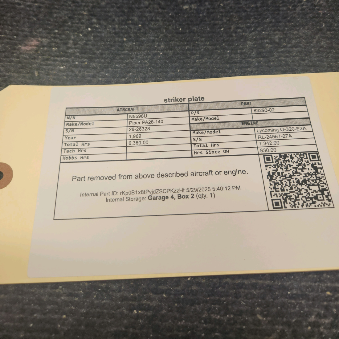 Used aircraft parts for sale, 63293-02 Piper PA28-140 Striker Plate