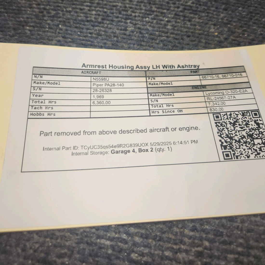 Used aircraft parts for sale, 66710-16 Piper PA28-140 Armrest Housing Assy w/ Ashtray - LH