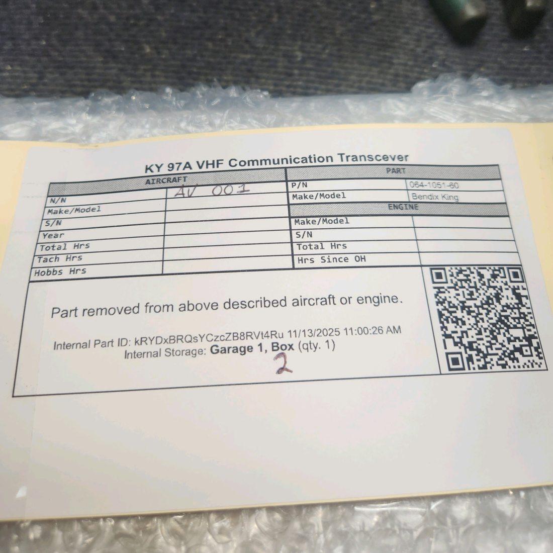 Used aircraft parts for sale, 064-1051-60 Bendix King KY-97A Piper PA28-140 VHF Communication Transceiver