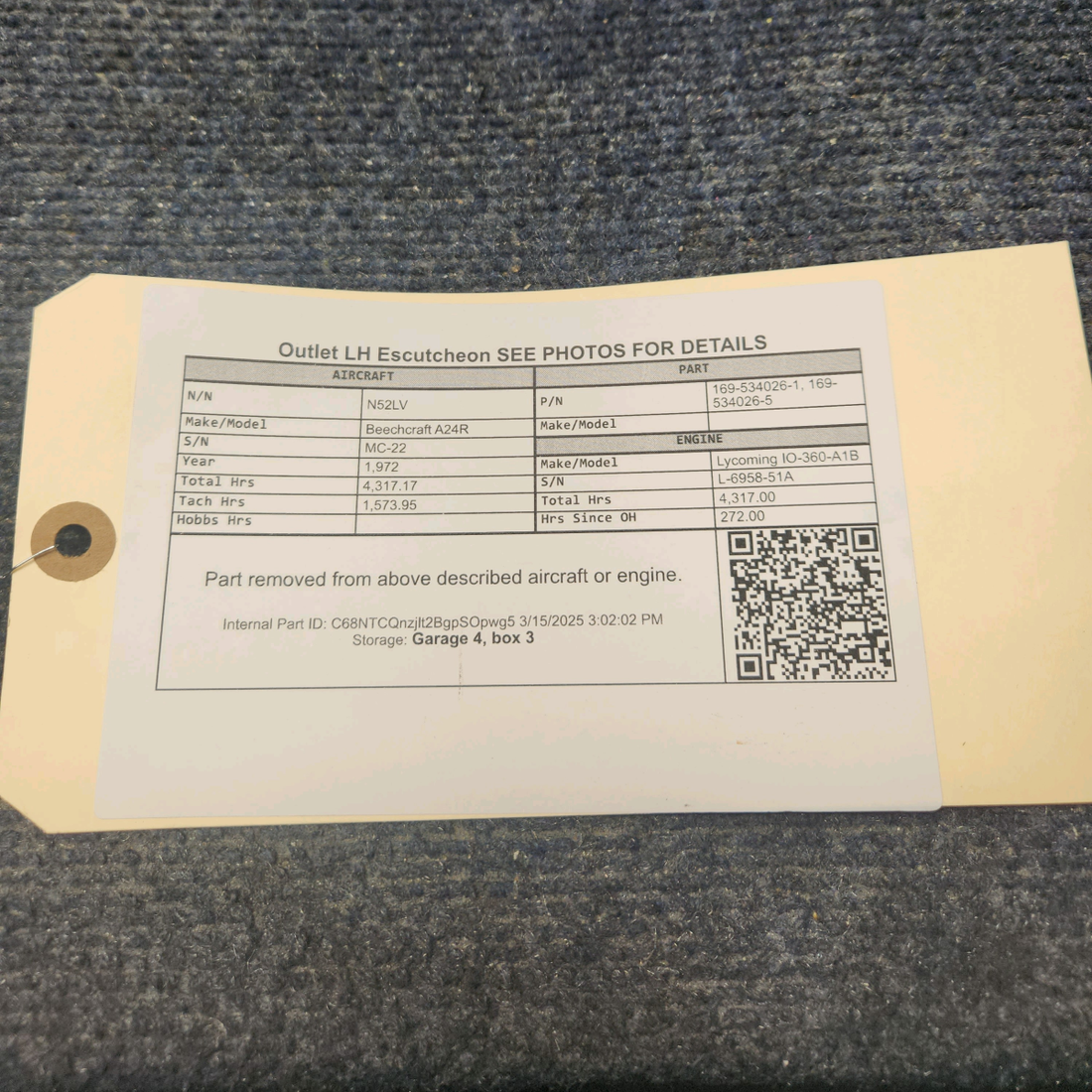 Used aircraft parts for sale, 169-534026-1 Beechcraft A24R Outlet LH Escutcheon SEE PHOTOS FOR DETAILS