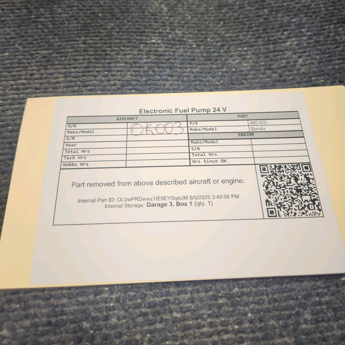 Used aircraft parts for sale, 480-500 Bendix Electronic Fuel Pump 24 V