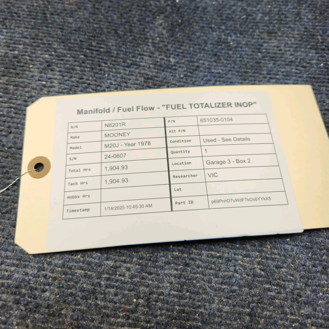 Used aircraft parts for sale, 651035-0104 MOONEY M20J MANIFOLD / FUEL FLOW - "FUEL TOTALIZER INOP"