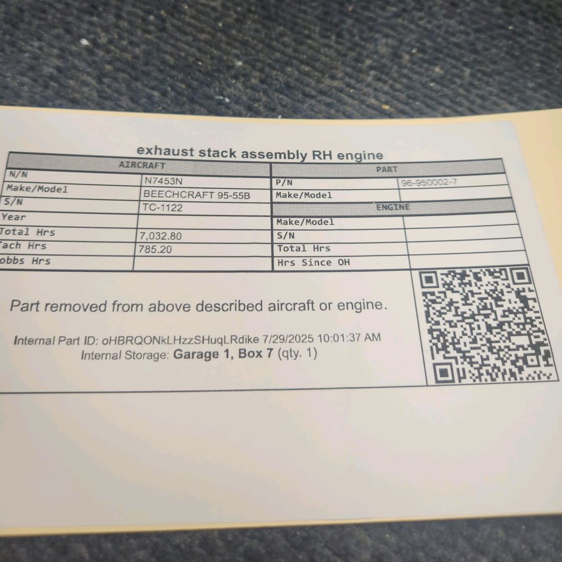 Used aircraft parts for sale, 96-950002-7 BEECHCRAFT 95-55B RH Engine Exhaust Stack Assembly