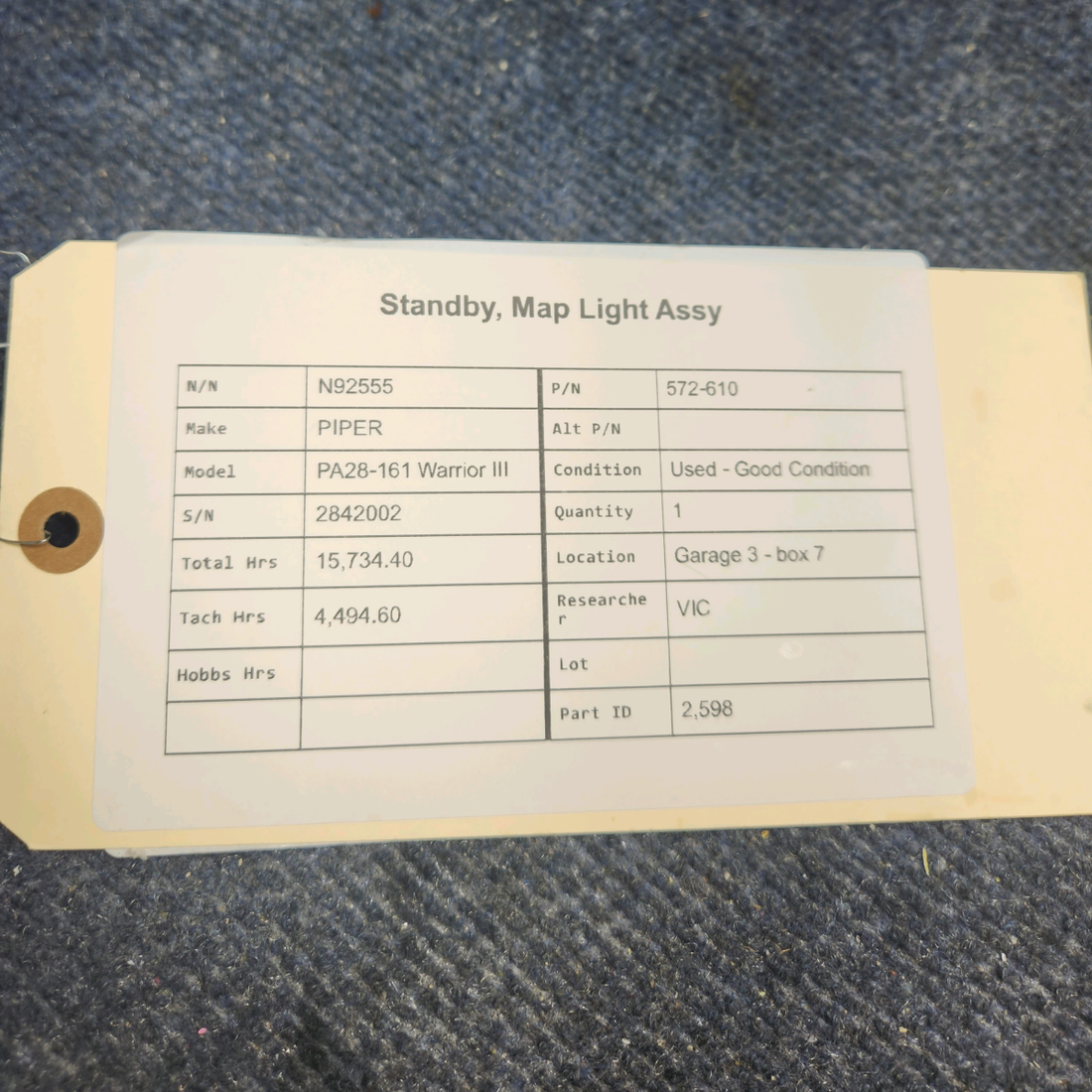 Used aircraft parts for sale, 572-610 PIPER PA28-161 Warrior III STANDBY, MAP LIGHT ASSY