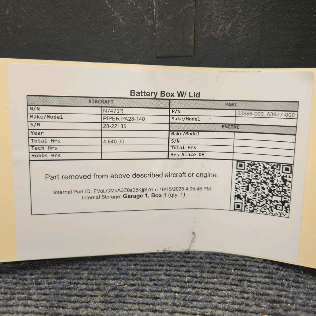 Used aircraft parts for sale, 63888-000 PIPER PA28-140 Battery Box w/ Lid