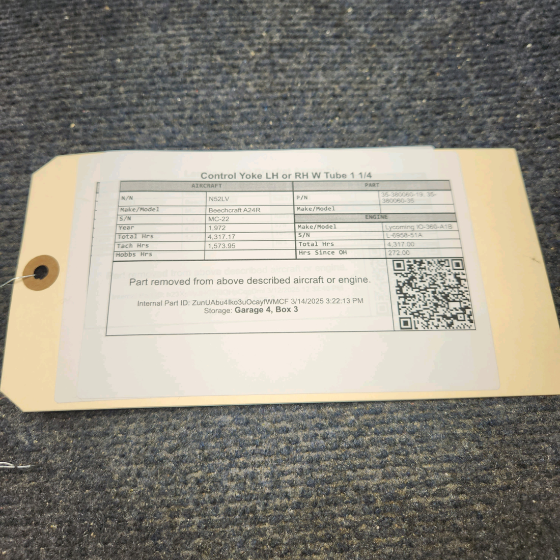 Used aircraft parts for sale, 35-380060-19 Beechcraft A24R Control Yoke LH or RH W/ Tube 1 1/4