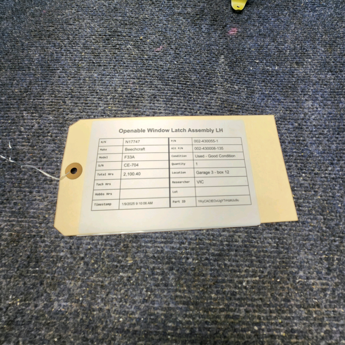 Used aircraft parts for sale, 002-430055-1 Beechcraft F33A OPENABLE WINDOW LATCH ASSEMBLY LH