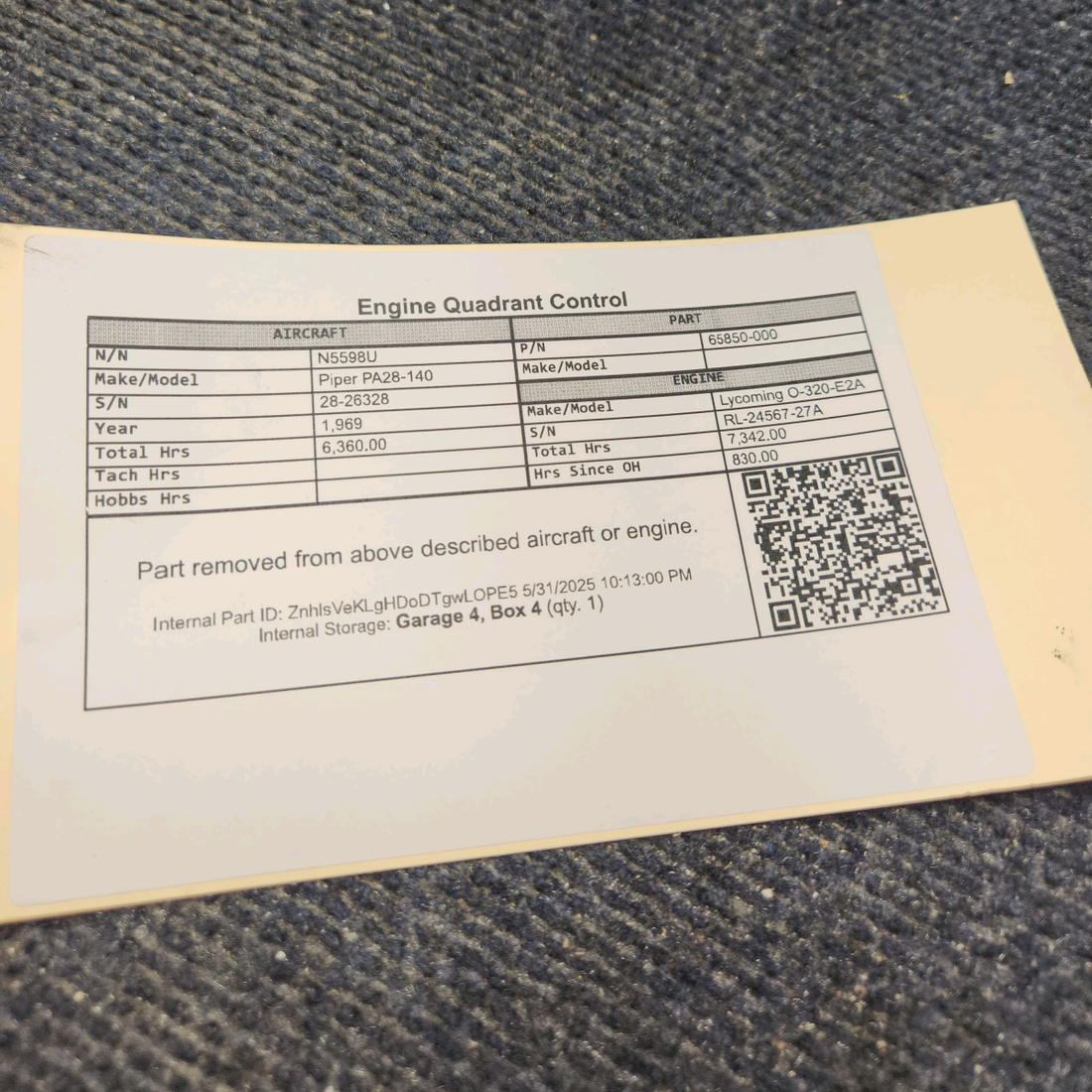 Used aircraft parts for sale, 65850-000 Piper PA28-140 Engine Quadrant Control