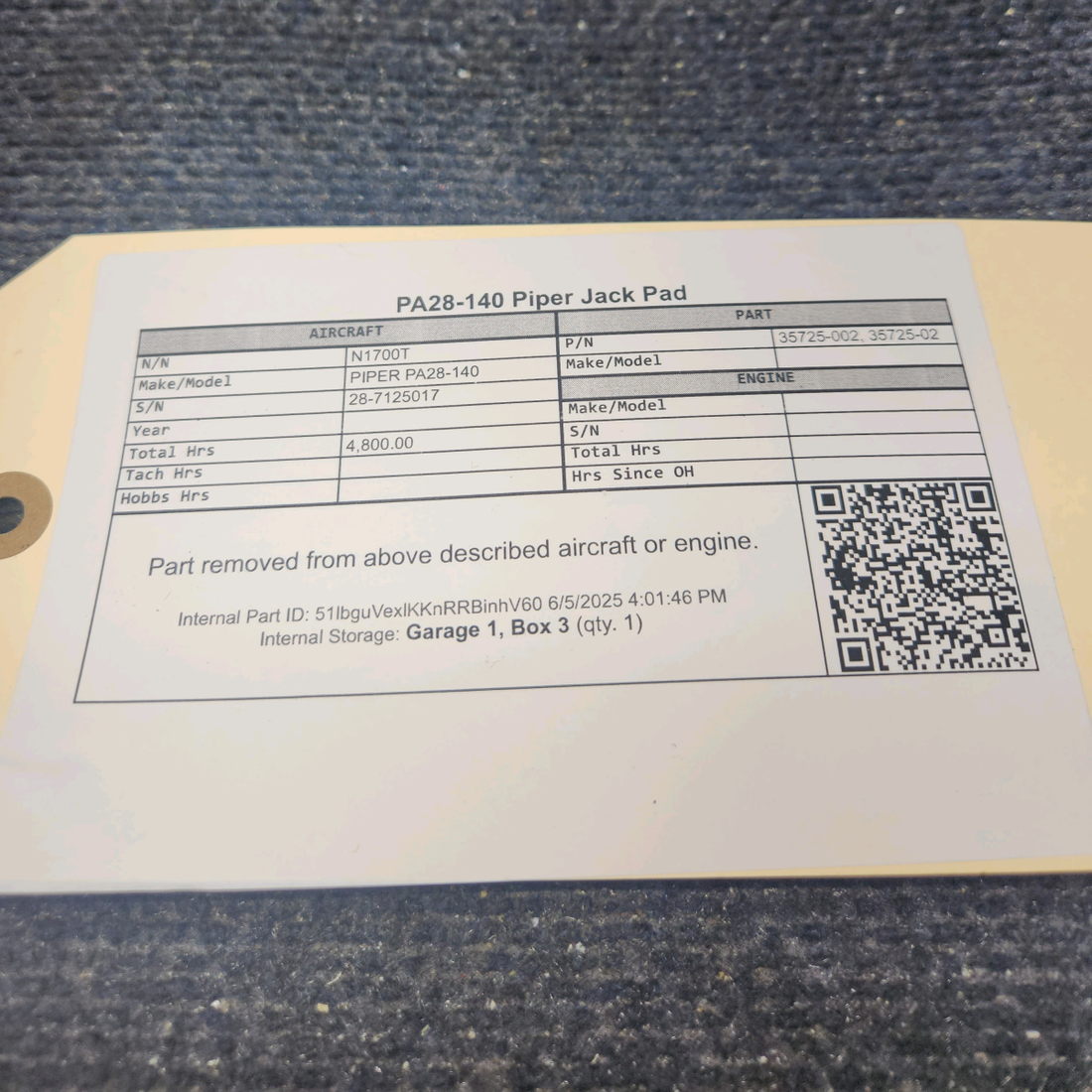 Used aircraft parts for sale, 35725-002 PIPER PA28-140 Jack Pad