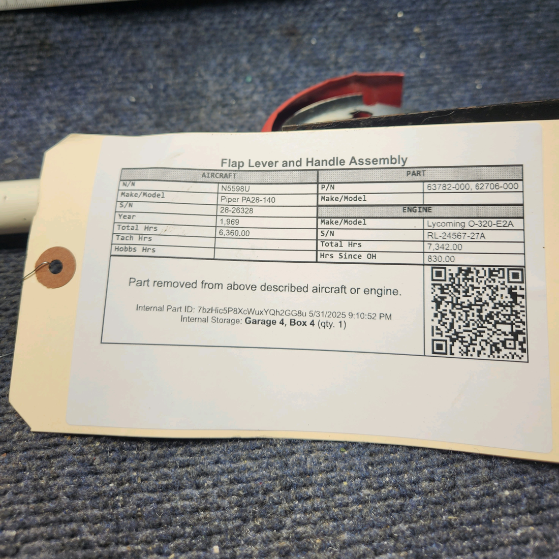 Used aircraft parts for sale, 63782-000 Piper PA28-140 Flap Lever and Handle Assembly