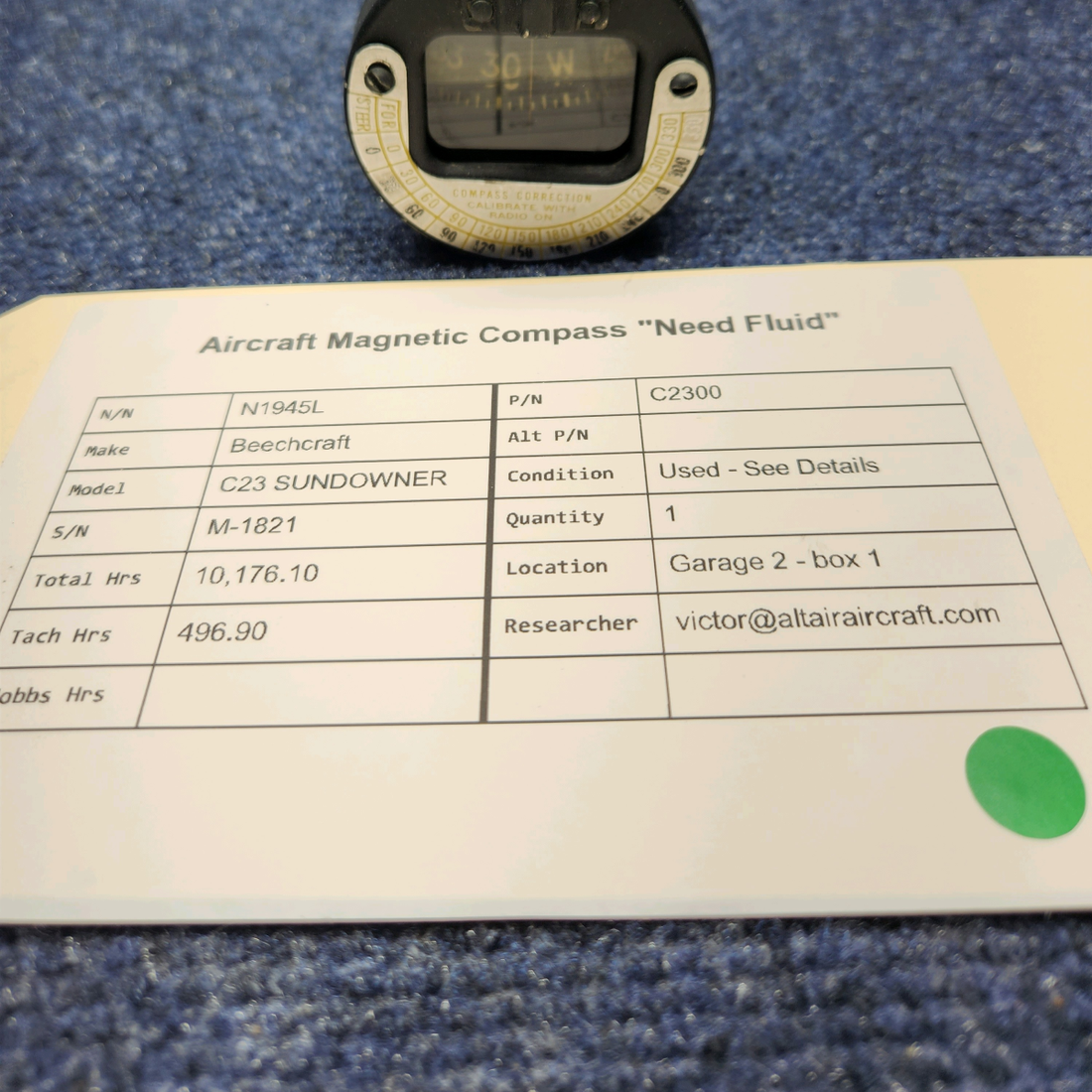 Used aircraft parts for sale, C2300 Beechcraft C23 SUNDOWNER AIRCRAFT MAGNETIC COMPASS "NEED FLUID"