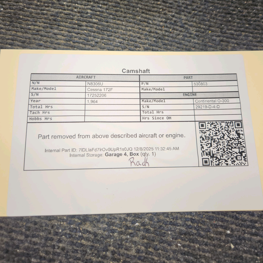 Used aircraft parts for sale, 530803 Continental O-300D Cessna 172F Camshaft