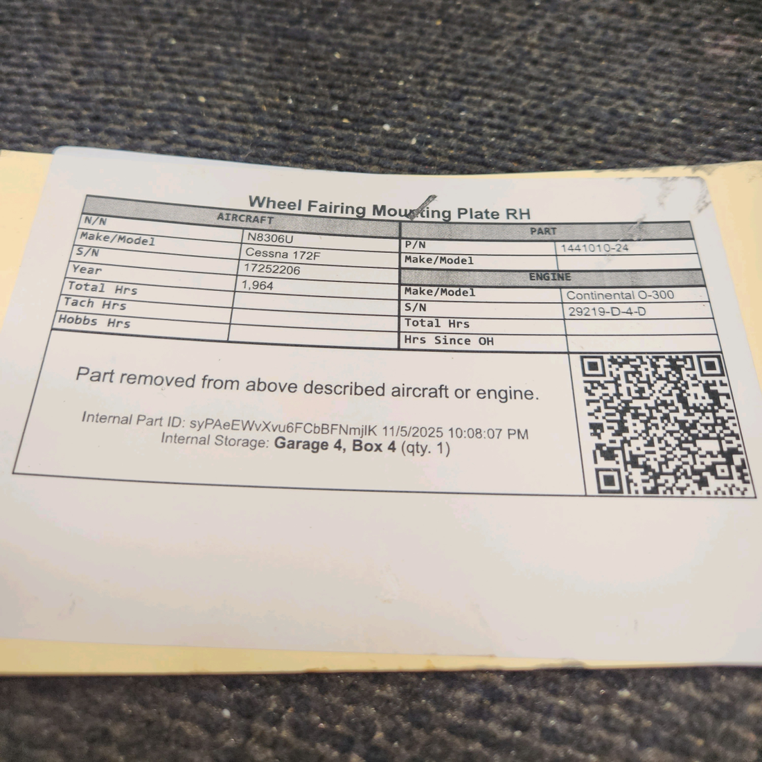 Used aircraft parts for sale, 1441010-24 Cessna 172F Wheel Fairing Mounting Plate - RH