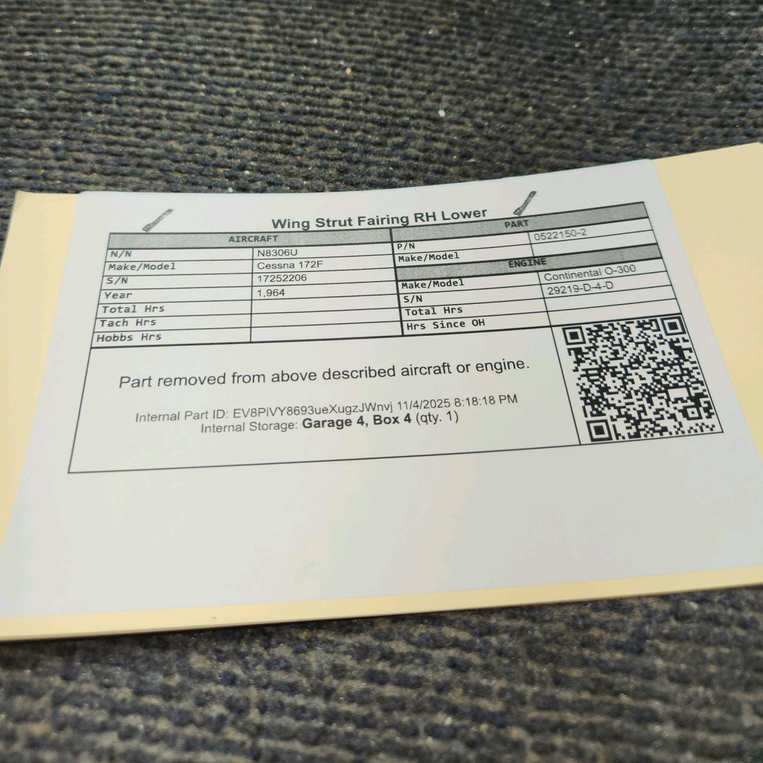 Used aircraft parts for sale, 0522150-2 Cessna 172F Lower Wing Strut Fairing - RH