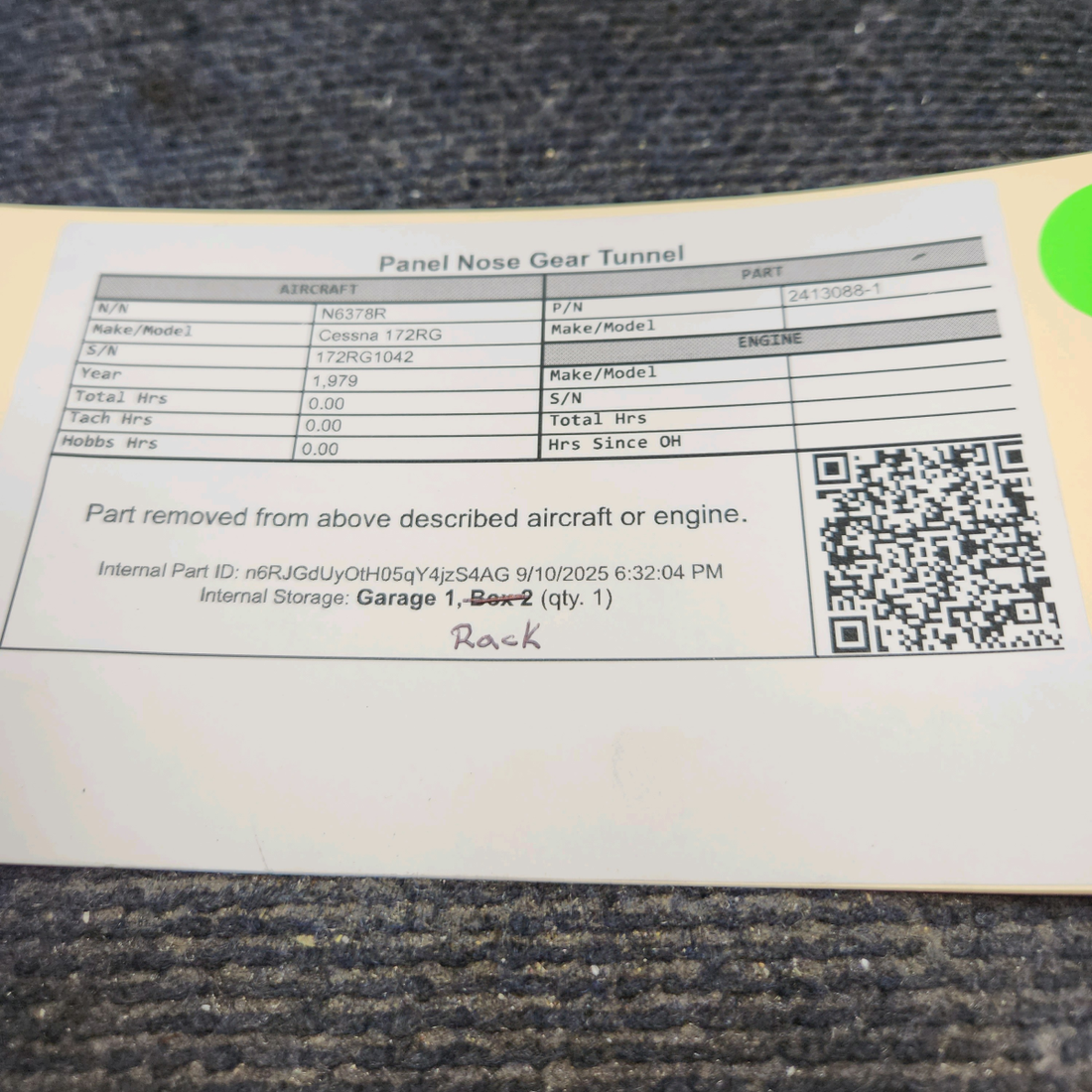 Used aircraft parts for sale, 2413088-1 Cessna 172RG Panel Nose Gear Tunnel