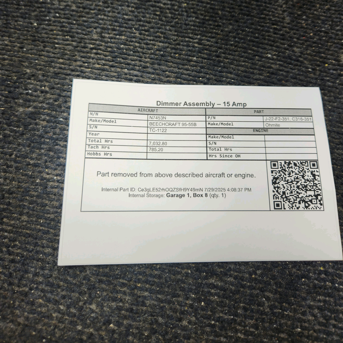 Used aircraft parts for sale, J-22-F2-351 Ohmite BEECHCRAFT 95-55B Dimmer Assembly – 15 Amp