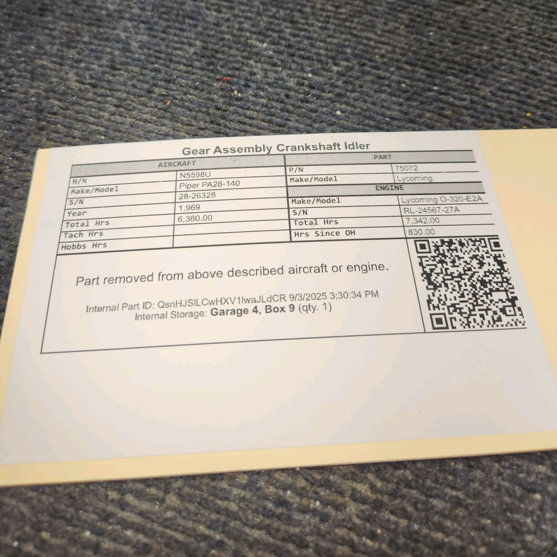 Used aircraft parts for sale, 75072 Lycoming O-320 Piper PA28-140 Gear Assembly Crankshaft Idler with 8130-1
