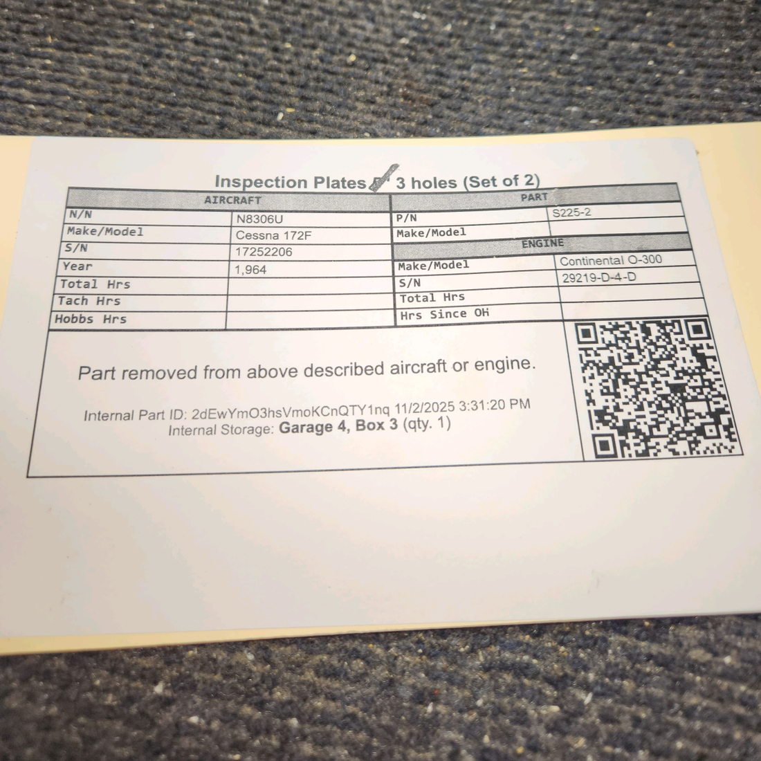 Used aircraft parts for sale, S225-2 Cessna 172F Inspection Plates - 5" , 3 holes (Set of 2)