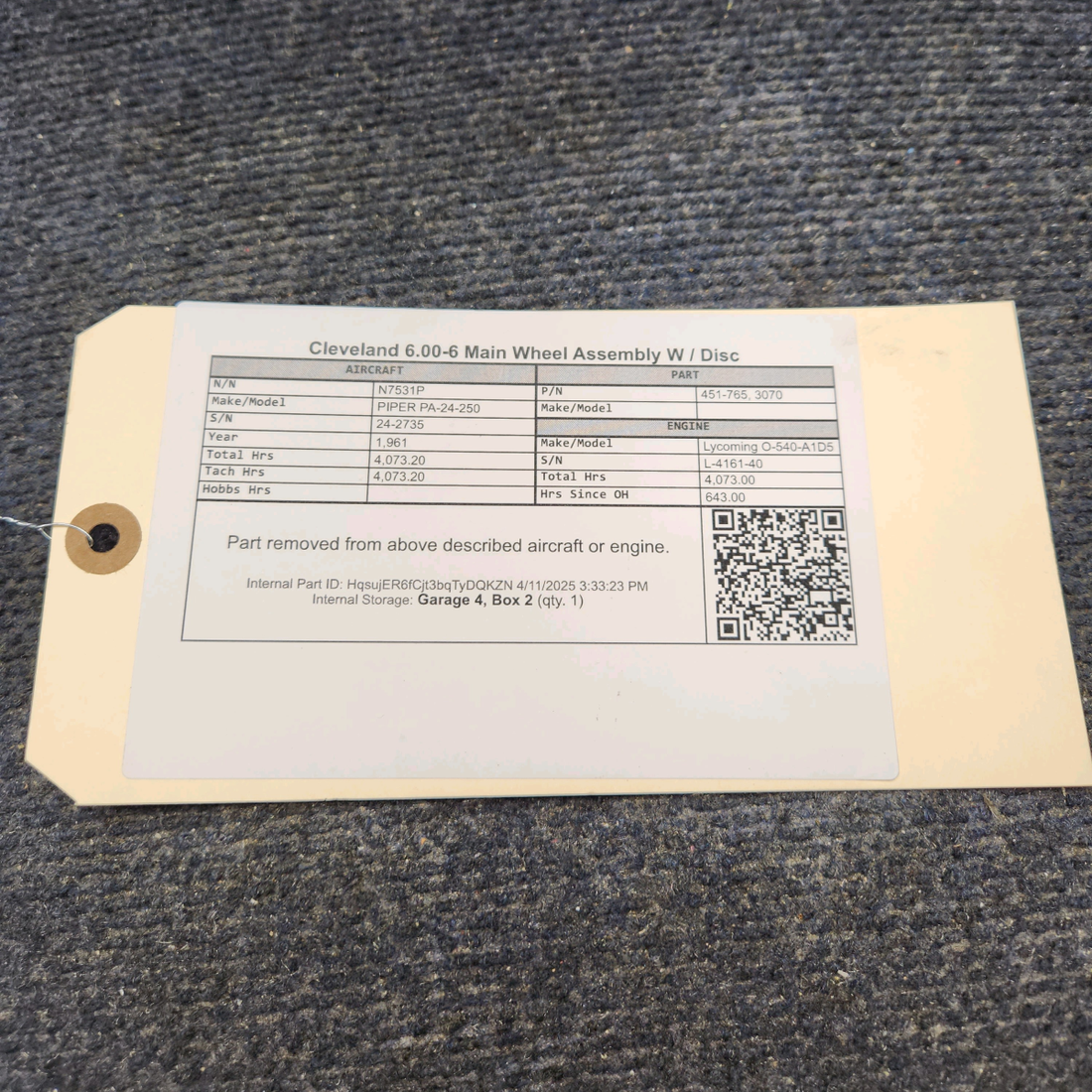 Used aircraft parts for sale, 451-765 Cleveland 3070 PIPER PA-24-250 6.00-6 Main Wheel Assembly W / Disc