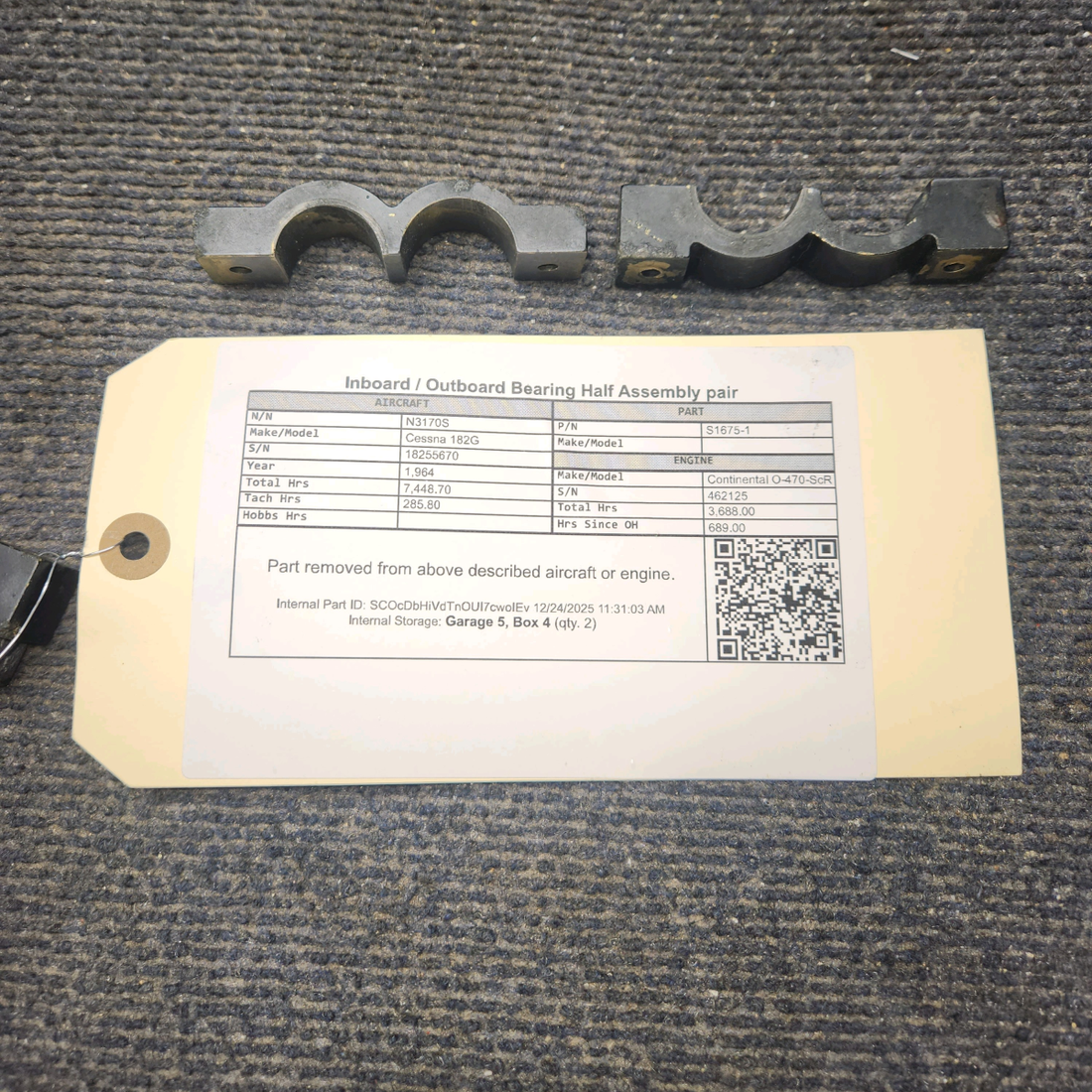 Used aircraft parts for sale, S1675-1 Cessna 182G Inboard/Outboard Bearing Half Assembly Pair