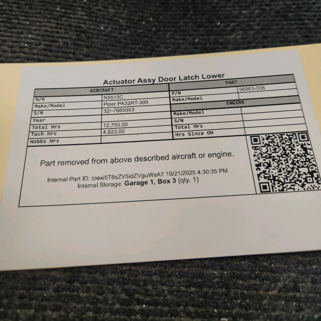 Used aircraft parts for sale, 96863-006 Piper PA32RT-300 Lower Actuator Assy Door Latch