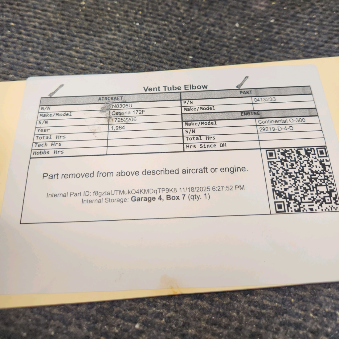 Used aircraft parts for sale, 0413233 Cessna 172F Vent Tube Elbow