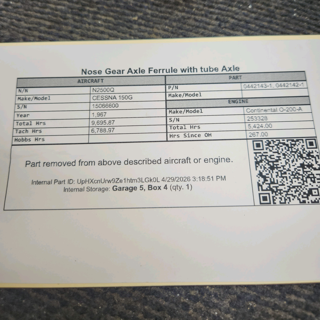 Used aircraft parts for sale, 0442143-1, 0442142-1 cessna 150G Nose Gear Axle Ferrule with tube Axle