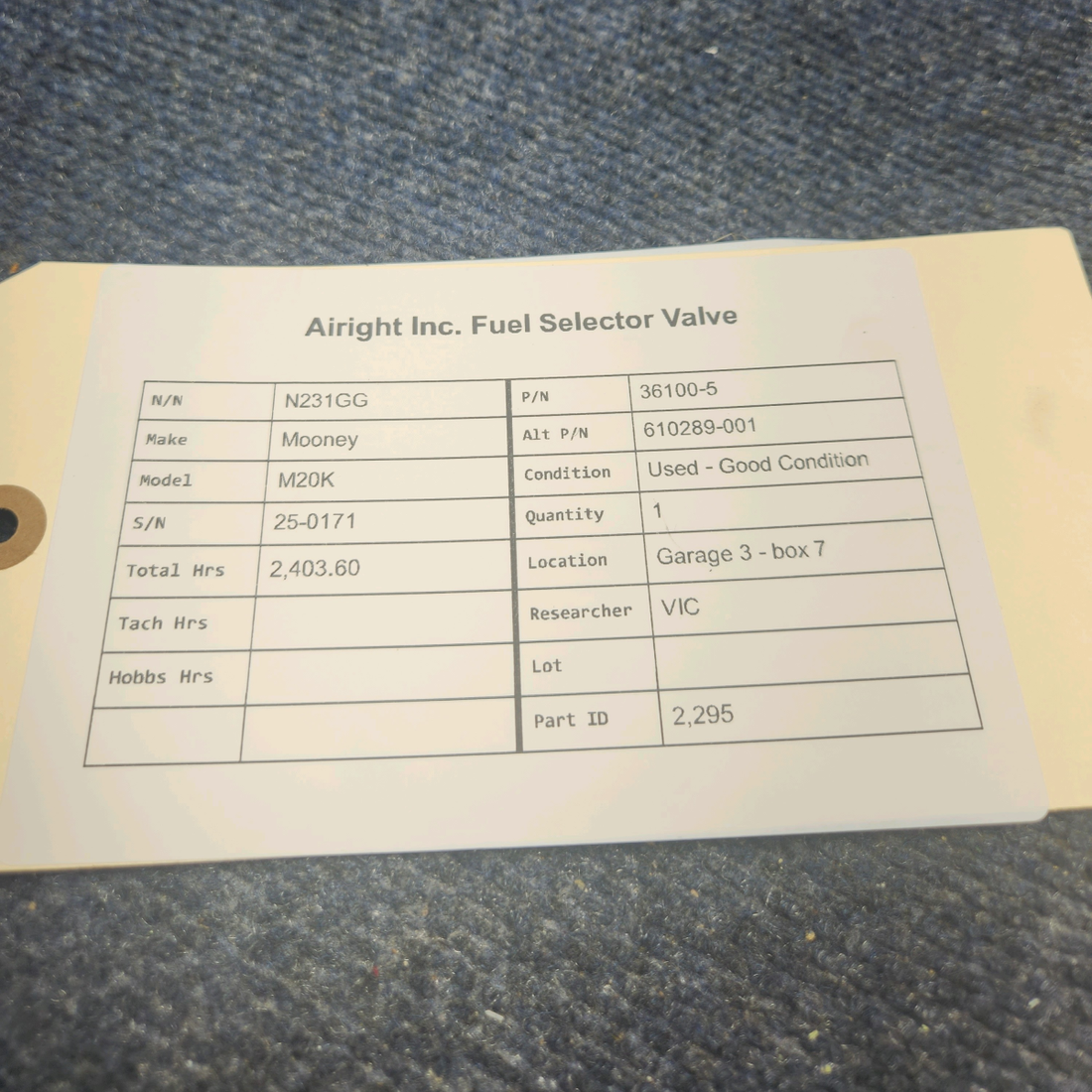 Used aircraft parts for sale, 36100-5 Mooney M20K AIRIGHT INC. FUEL SELECTOR VALVE