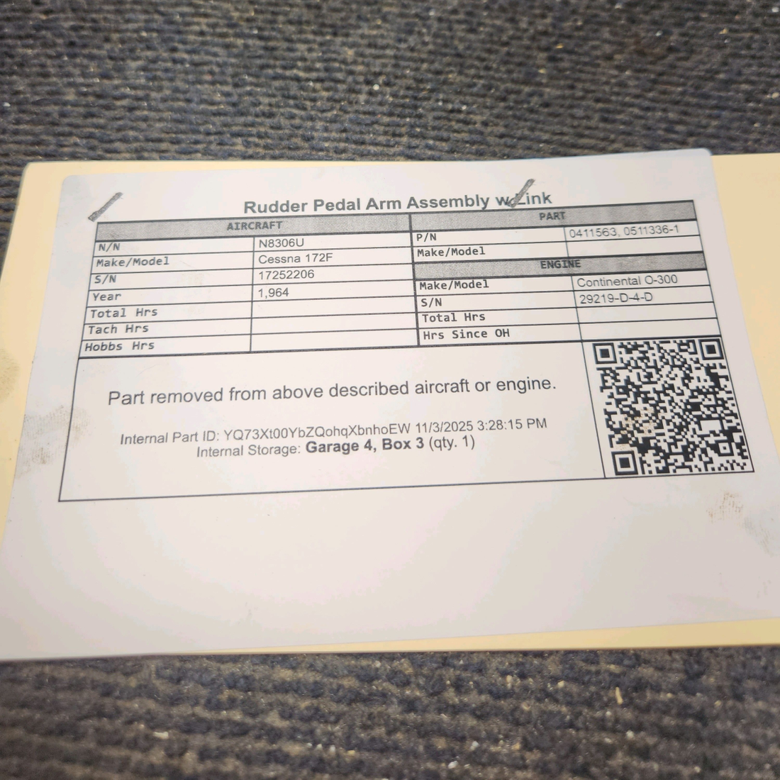 Used aircraft parts for sale, 0411563, 0511336-1 Cessna 172F Rudder Pedal Arm Assembly w/ Link