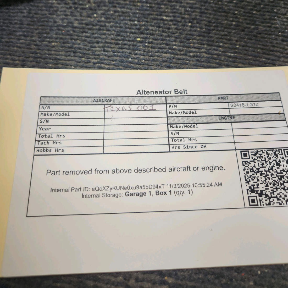 Used aircraft parts for sale, S2416-1-310 Alternator Belt