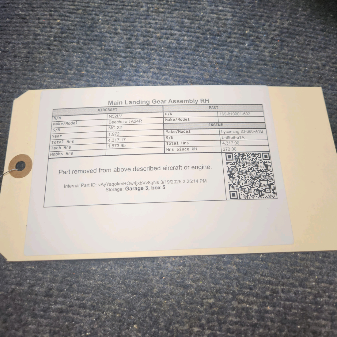 Used aircraft parts for sale, 169-810001-602 Beechcraft A24R Main Landing Gear Assembly RH