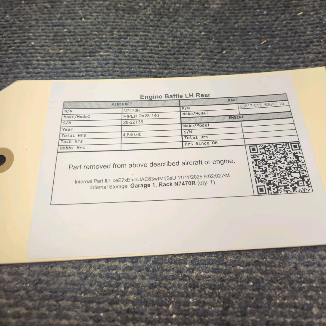 Used aircraft parts for sale, 63617-015 PIPER PA28-140 Rear Engine Baffle - LH