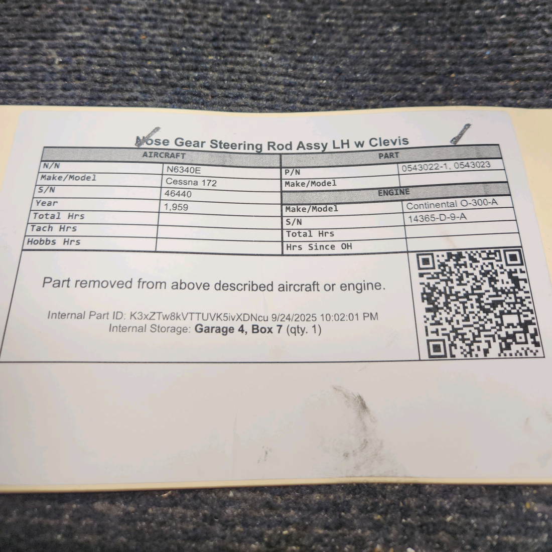 Used aircraft parts for sale, 0543022-1, 0543023 Cessna 172 Nose Gear Steering Rod Assy LH w Clevis