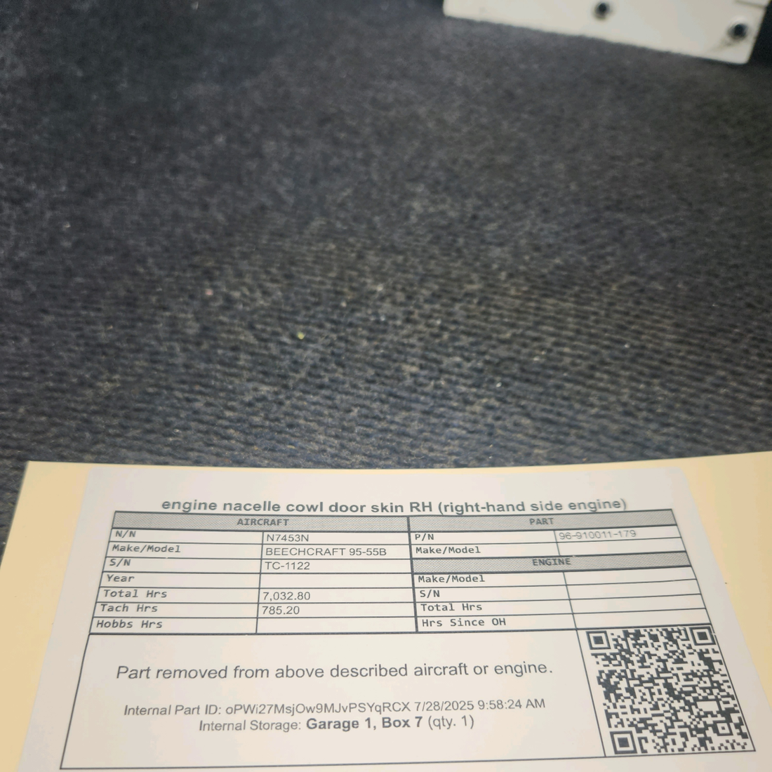 Used aircraft parts for sale, 96‑910011‑179 BEECHCRAFT 95-55B Engine Nacelle Cowl Door Skin – RH (Right-Hand Engine)