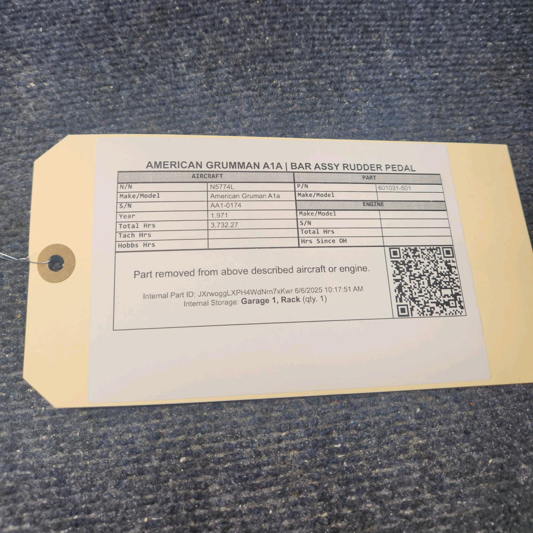 Used aircraft parts for sale, 601031-501 American Gruman A1A BAR ASSY RUDDER PEDAL