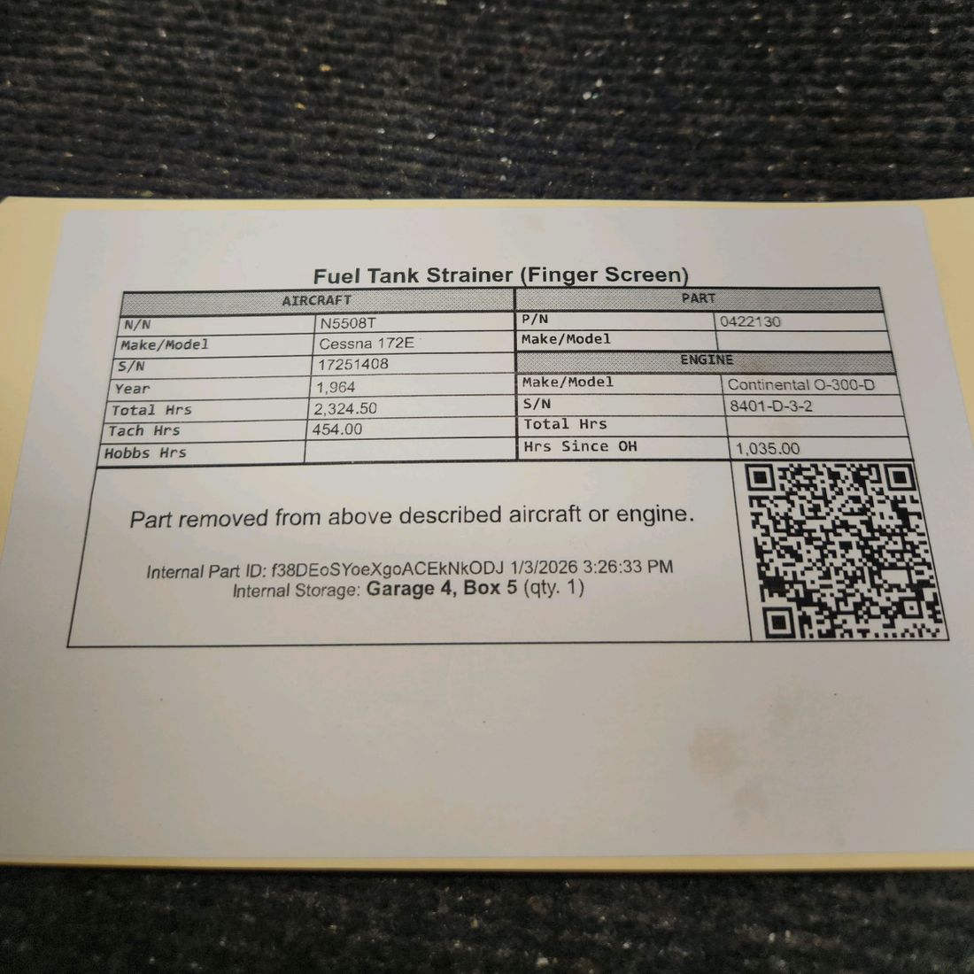 Used aircraft parts for sale, 0422130 Cessna 172E Fuel Tank Strainer (Finger Screen)