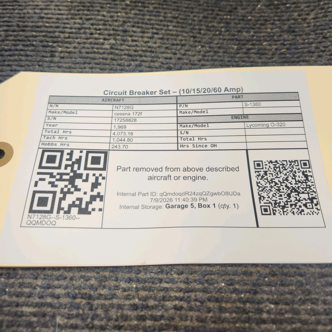 Used aircraft parts for sale, S-1360 cessna 172k Circuit Breaker Set – (10/15/20/60 Amp)