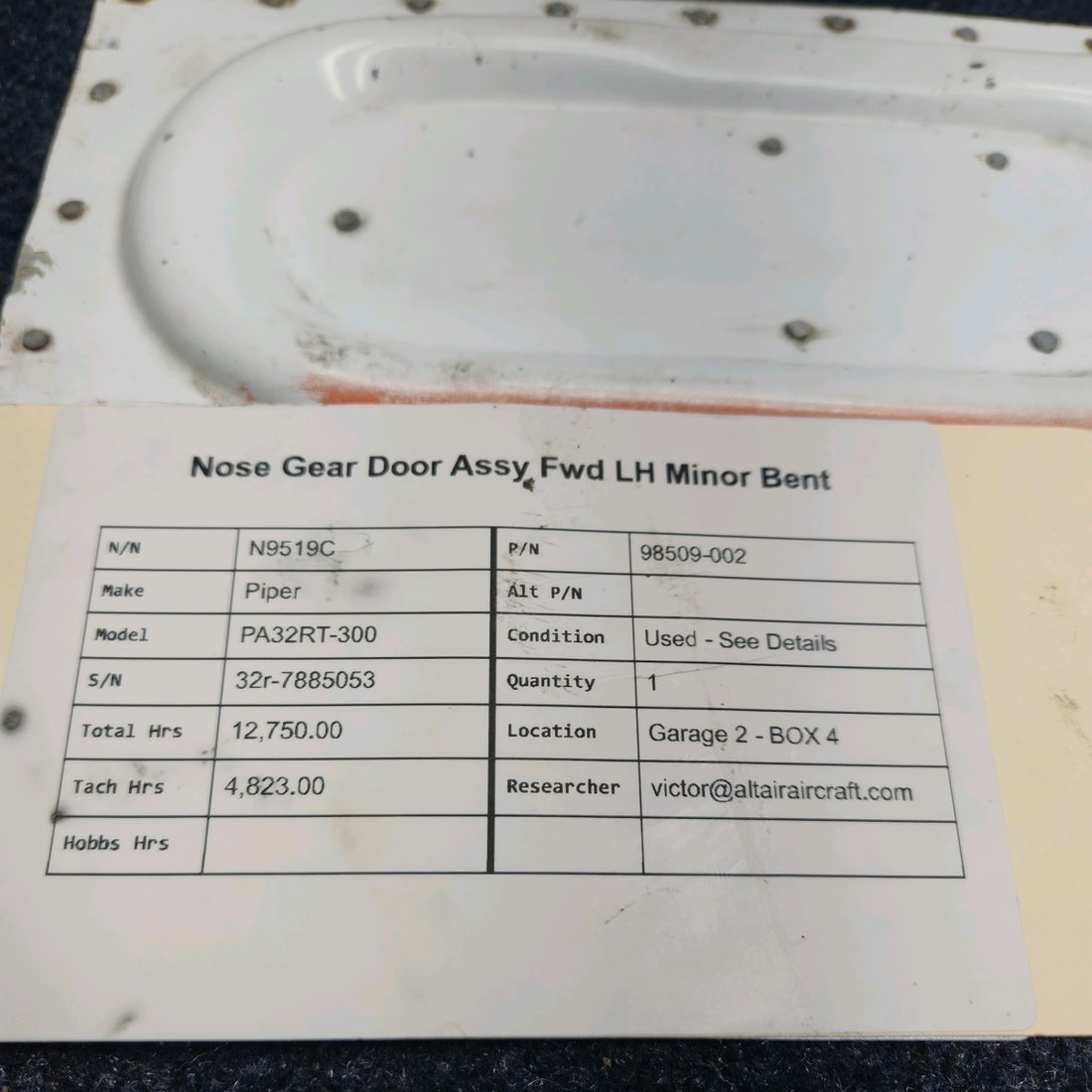 Used aircraft parts for sale, 98509-002 Piper PA32RT-300 NOSE GEAR DOOR ASSY FWD LH MINOR BENT