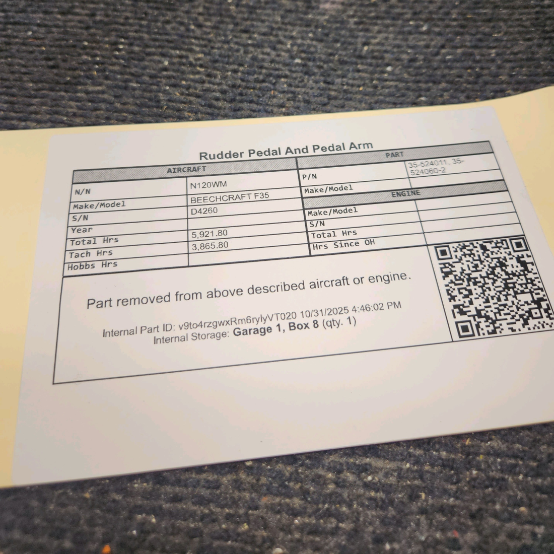 Used aircraft parts for sale, 35-524011 Beechcraft F35 Rudder Pedal And Pedal Arm