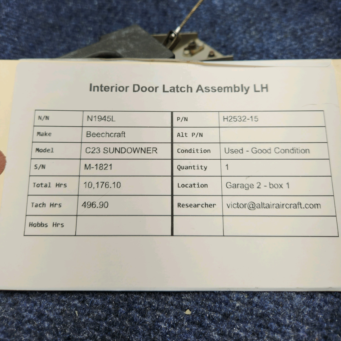 Used aircraft parts for sale, H2532-15 Beechcraft C23 SUNDOWNER INTERIOR DOOR LATCH ASSEMBLY LH